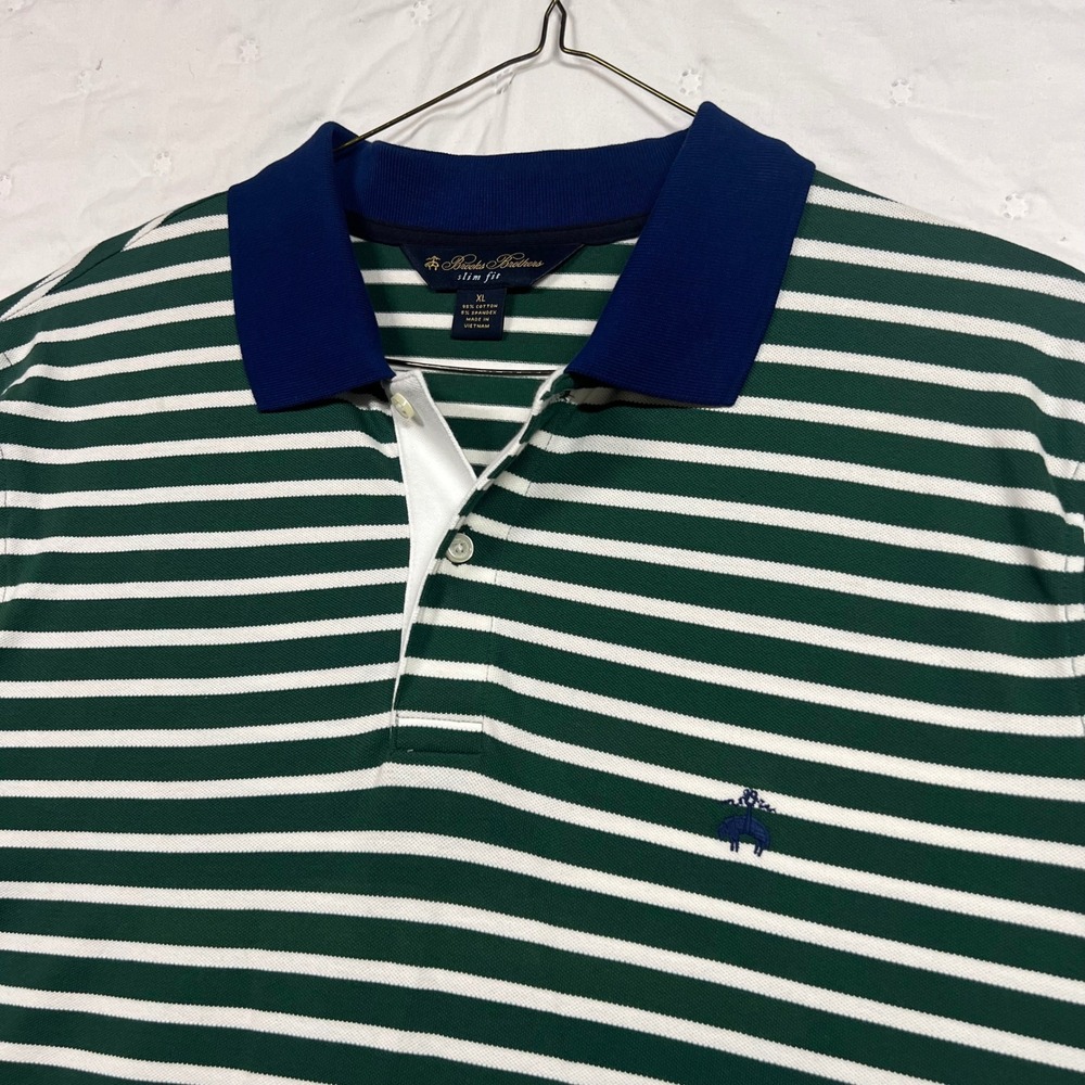 Brooks Brothers Slim Fit Polo Shirt Mens XL Green White Striped Short Sleeve